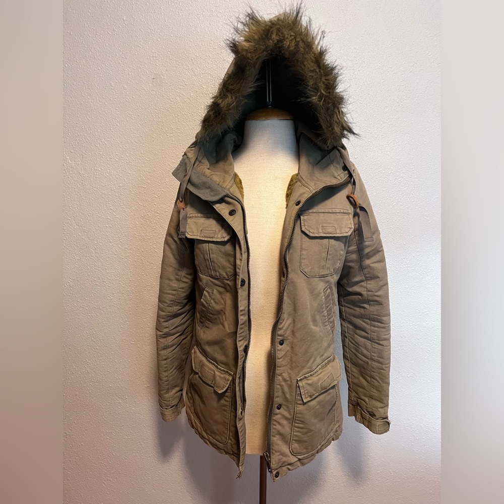 Stussy Army Green Hooded Fur Jacket S